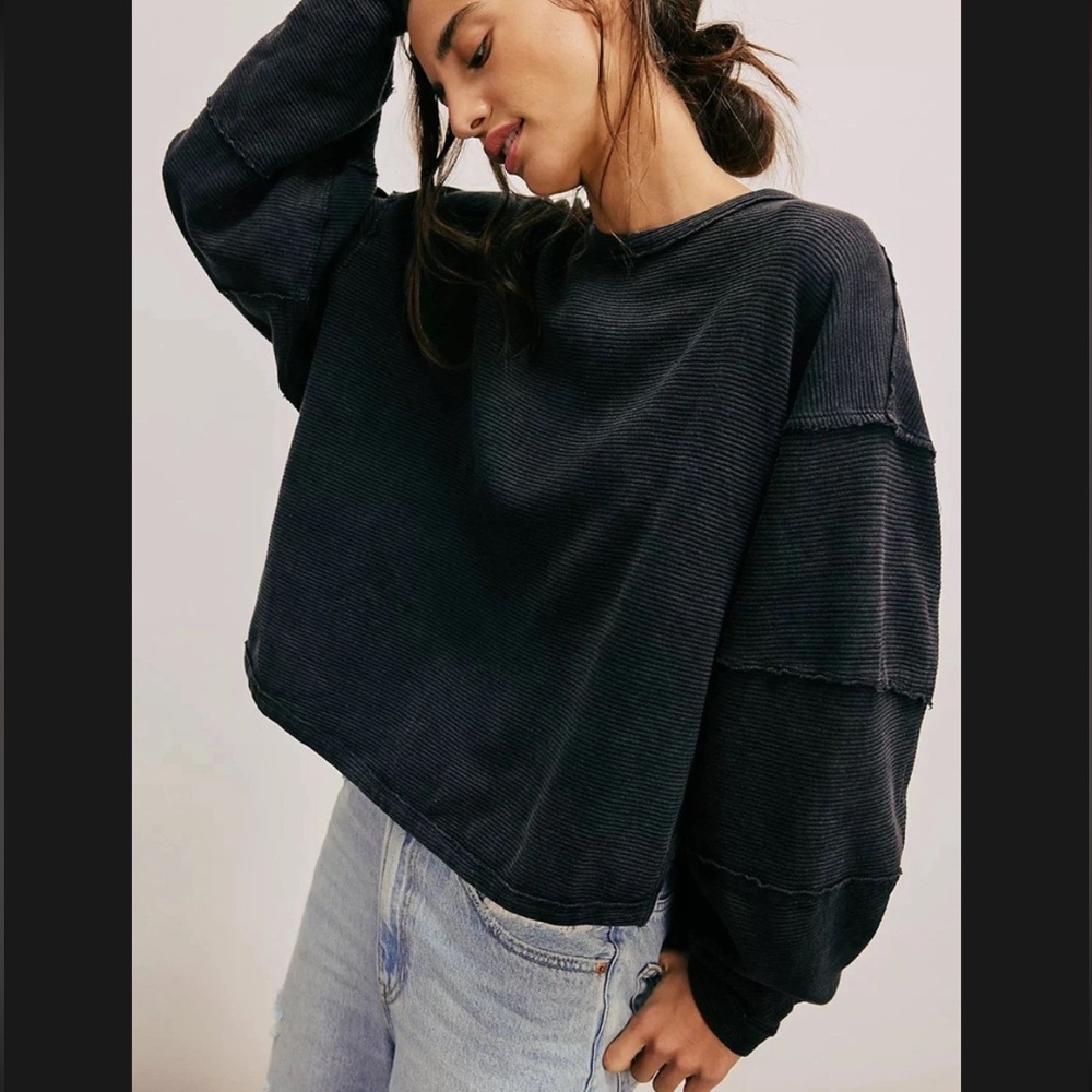 Free People We The Free Total Eclipse Tee Oversized Ribbed Top Black Large